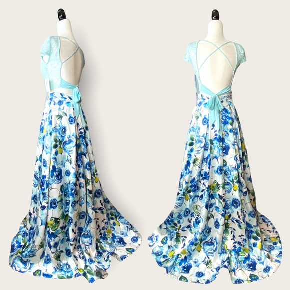 🆕 NWT B. Darlin’ 2-Piece Blue Ballgown Maxi Skirt Tie-Waist Crop Top Set Sz 5/6 - Picture 8 of 15